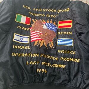 Authentic USS Saratoga Embroidered Black Jacket with patches.